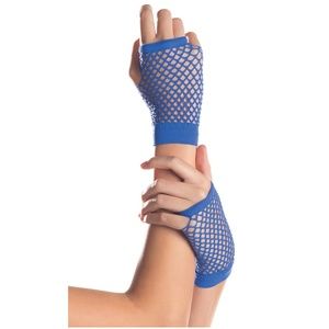 Blue Fingerless Fishnet Gloves Wrist Length
